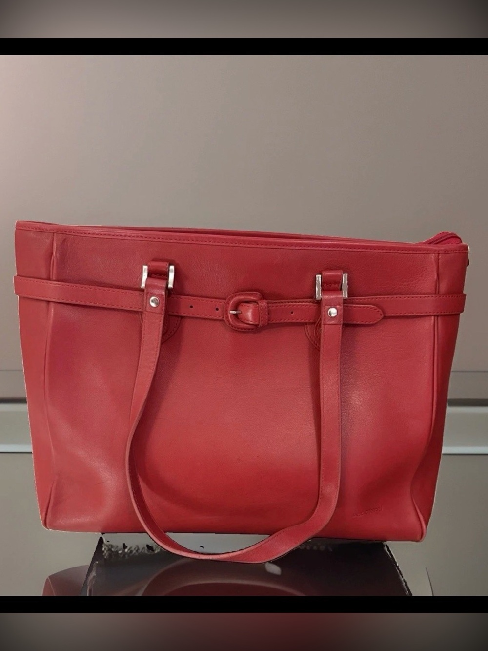 Women’s Red Leather Tote with Belt Accent, pockets and laptop slot